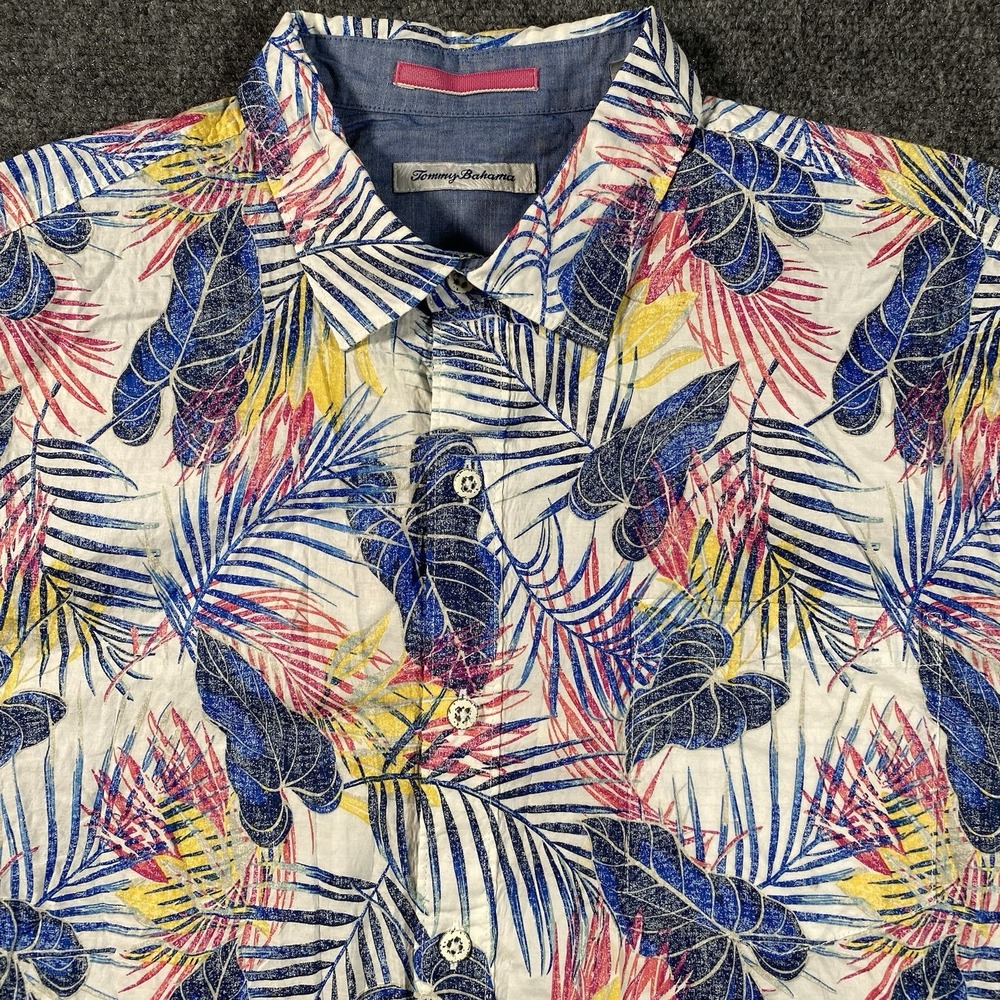 Tommy Bahama Pavia Palms Camp Shirt Mens XL Hawaiian All Over Print Stretch Fit